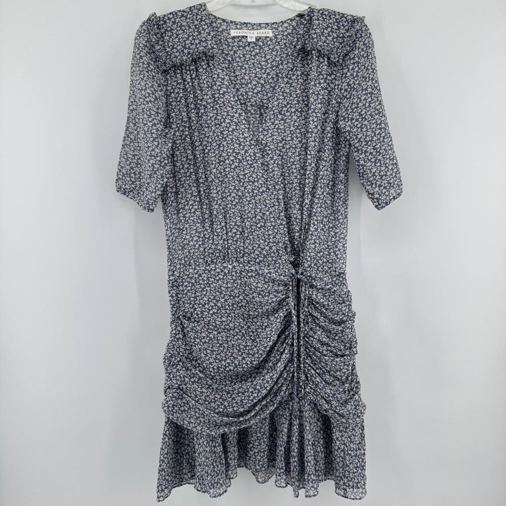 Veronica Beard Dakota Flounce Silk Floral Mini Dress Womens 8 Blue Ruched Ruffle